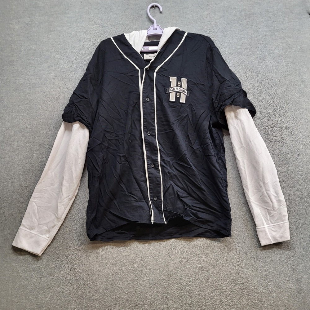 Hollister Men Sweatshirt XL Black Hoodie‎ Button Front Logo Baseball Long Sleeve
